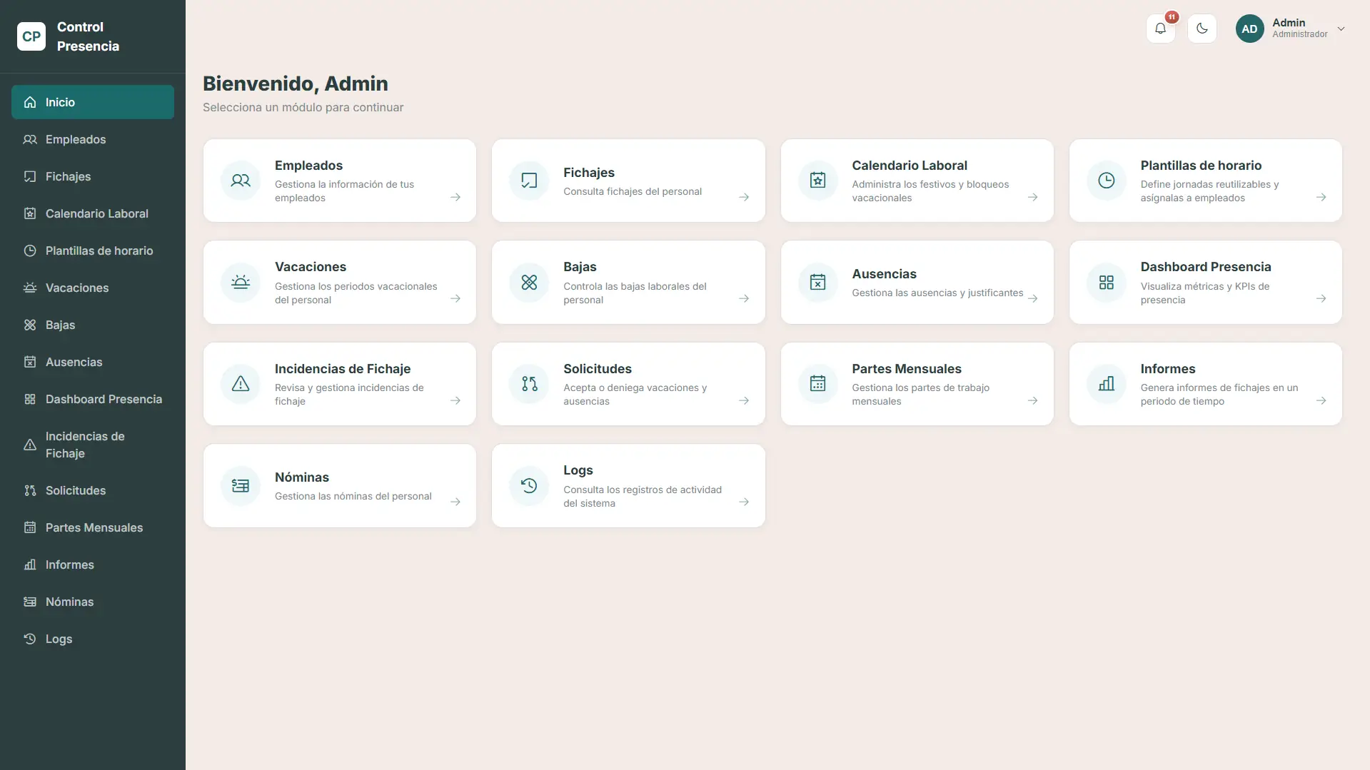 Pantalla de inicio del administrador en el panel de Gestión Laboral