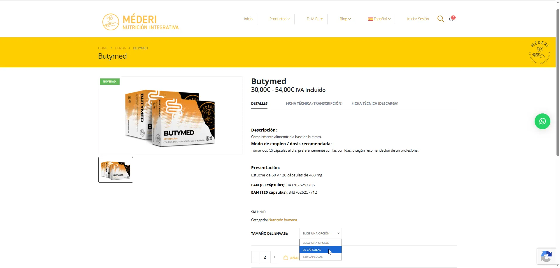 Ficha de producto de la tienda online de Méderi Nutrición Integrativa, con variantes de formato y ficha técnica descargable