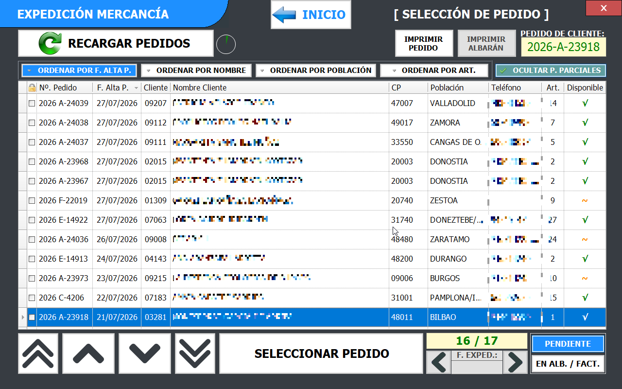 Pantalla de selección de pedido con control de disponibilidad