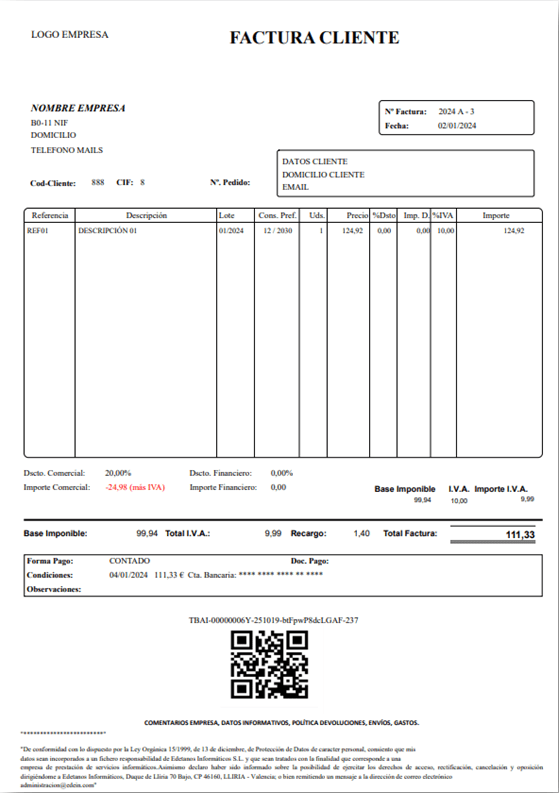 Ejemplo de factura con identificador y código QR TicketBAI